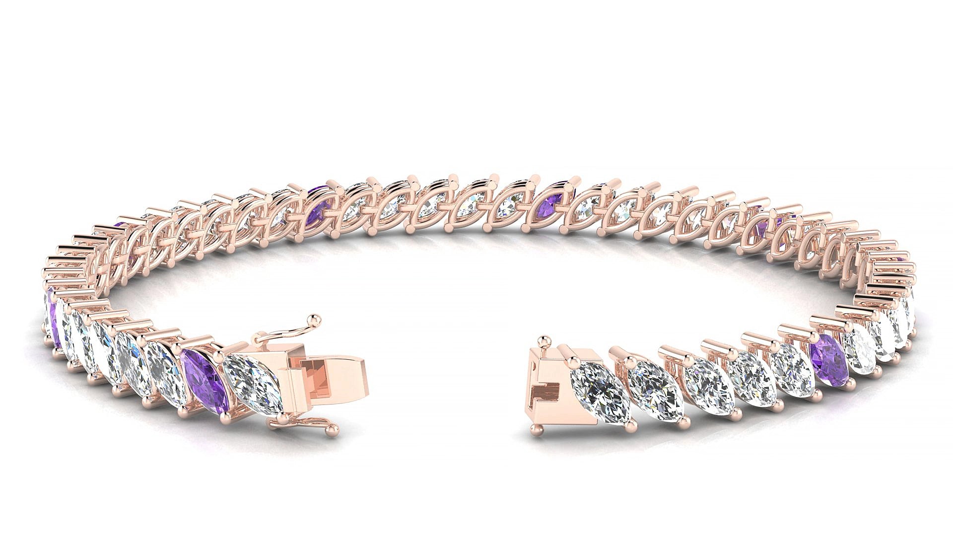 Venezia 1-5 | 18k Rose Gold 6 x 3 mm Marquise Natural Amethyst & Diamond 15 cm Tennis Bracelet