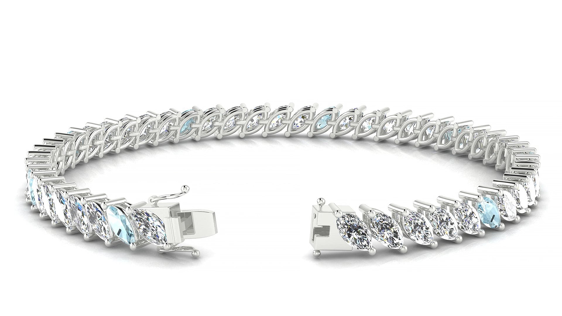 Venezia 1-5 | 18k White Gold 6 x 3 mm Marquise Natural Aquamarine & Diamond 15 cm Tennis Bracelet