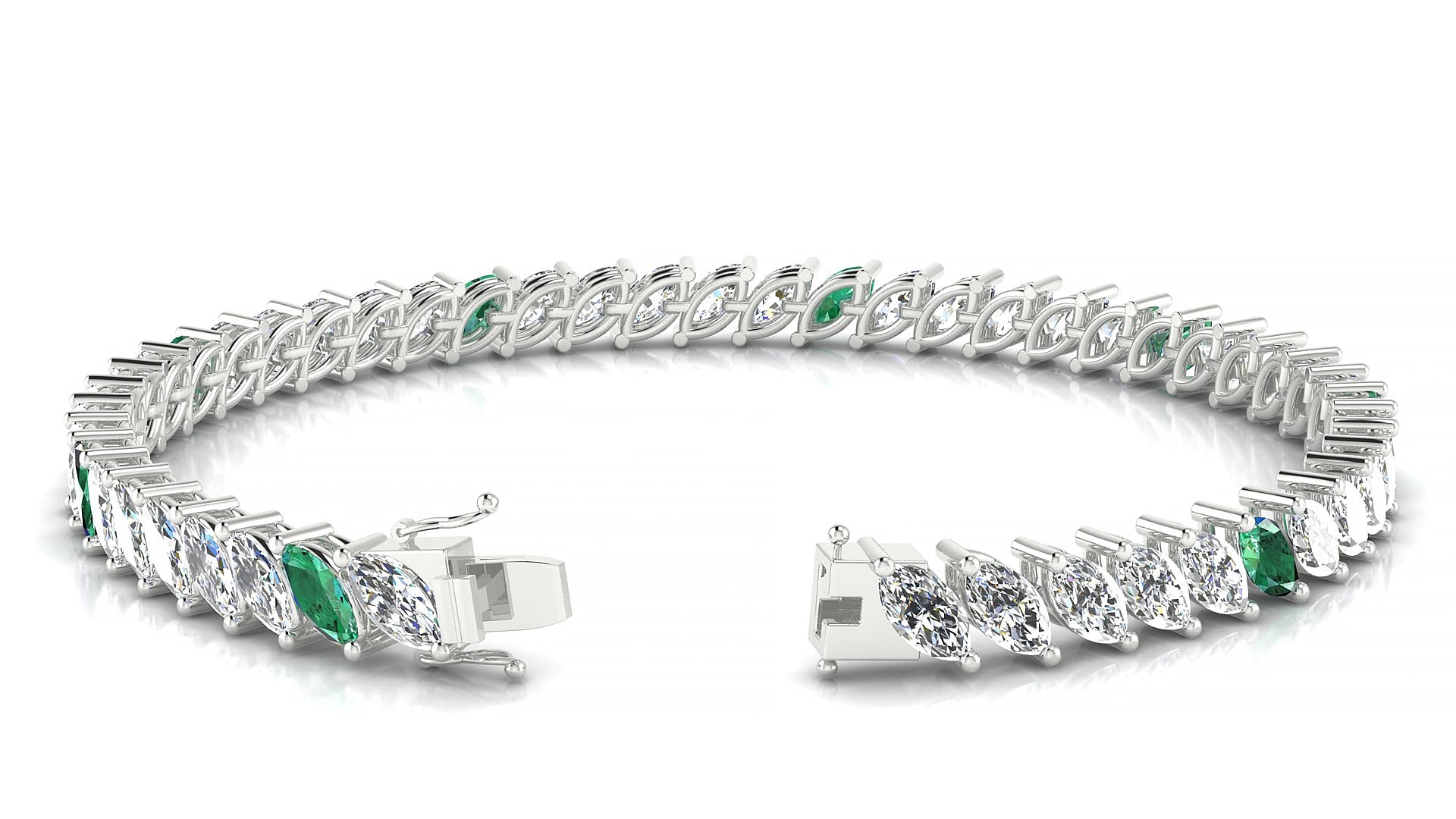 Venezia 1-5 | 18k White Gold 6 x 3 mm Marquise Natural Emerald & Diamond 15 cm Tennis Bracelet