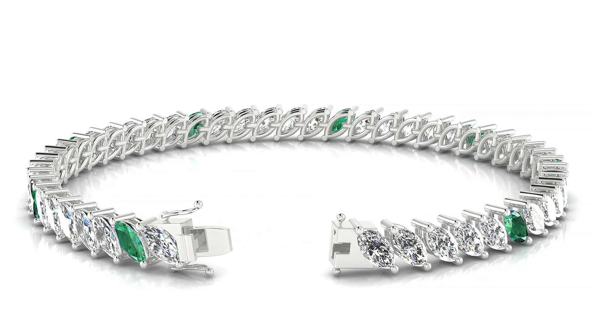 Venezia 1-5 | 18k White Gold 6 x 3 mm Marquise Natural Emerald & Diamond 18 cm Tennis Bracelet