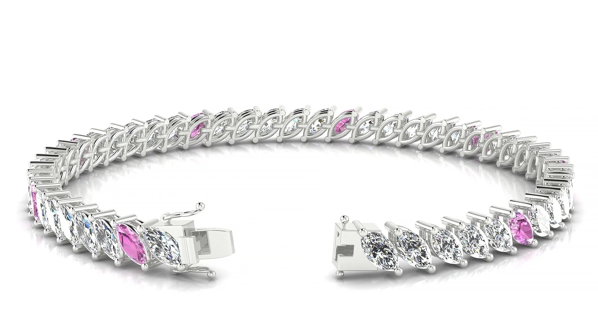 Venezia 1-5 | 18k White Gold 6 x 3 mm Marquise Natural Pink Sapphire & Diamond 18 cm Tennis Bracelet