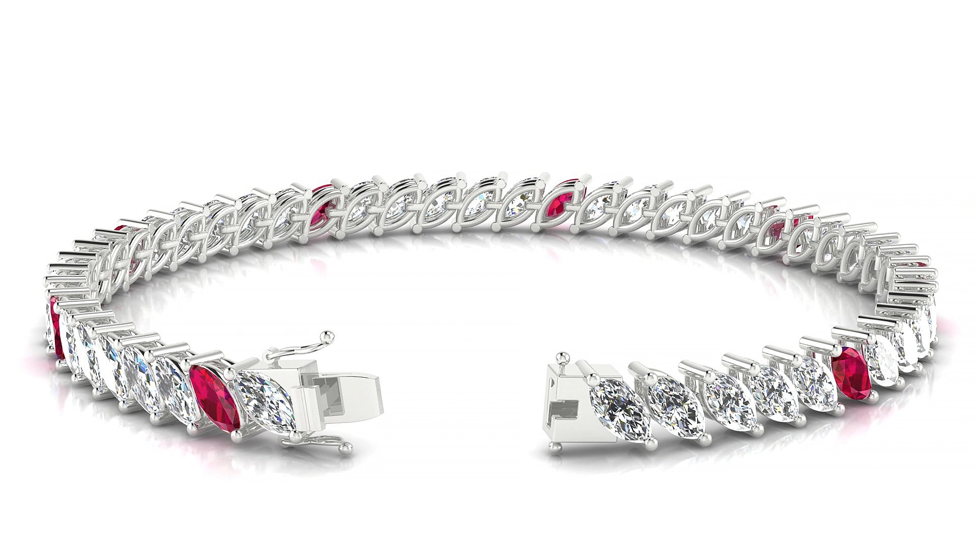 Venezia 1-5 | 18k White Gold 6 x 3 mm Marquise Natural Ruby & Diamond 15 cm Tennis Bracelet