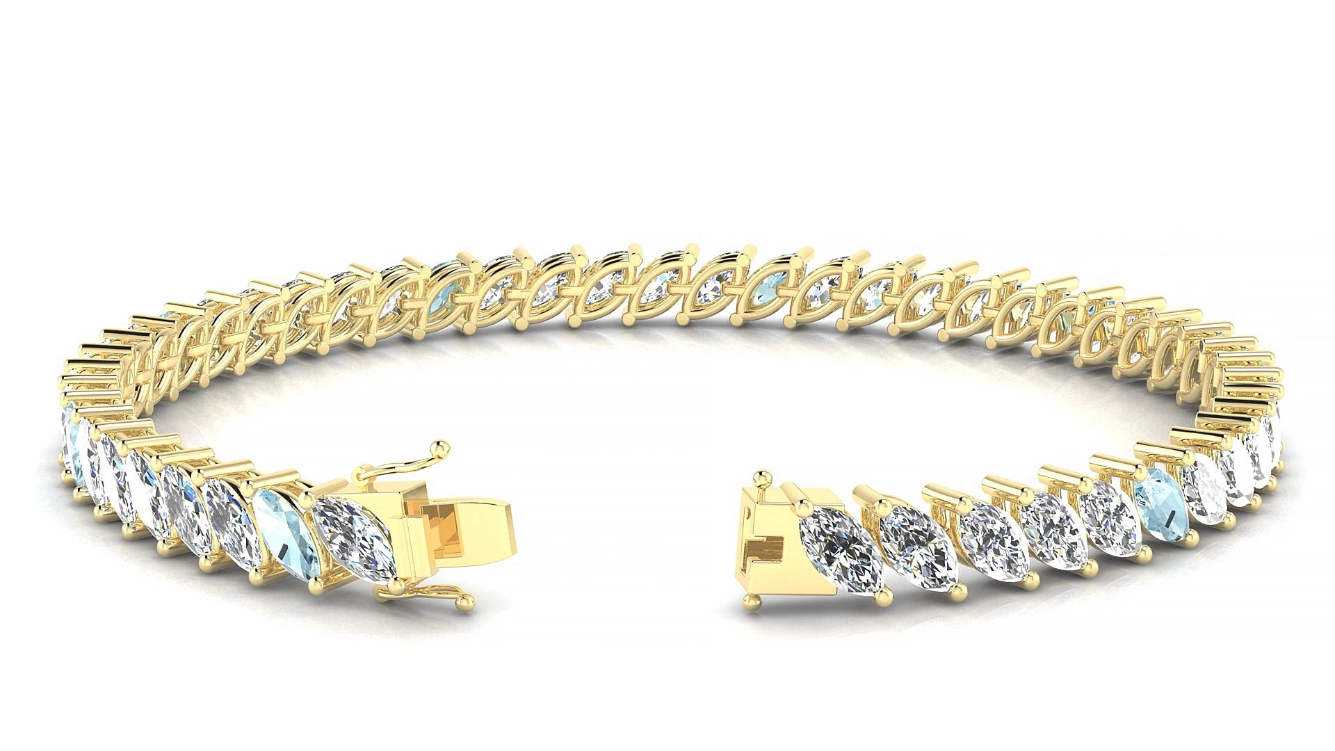 Venezia 1-5 | 18k Yellow Gold 6 x 3 mm Marquise Natural Aquamarine & Diamond 15 cm Tennis Bracelet