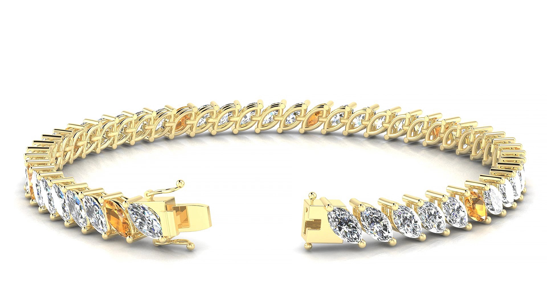 Venezia 1-5 | 18k Yellow Gold 6 x 3 mm Marquise Natural Citrine & Diamond 19 cm Tennis Bracelet