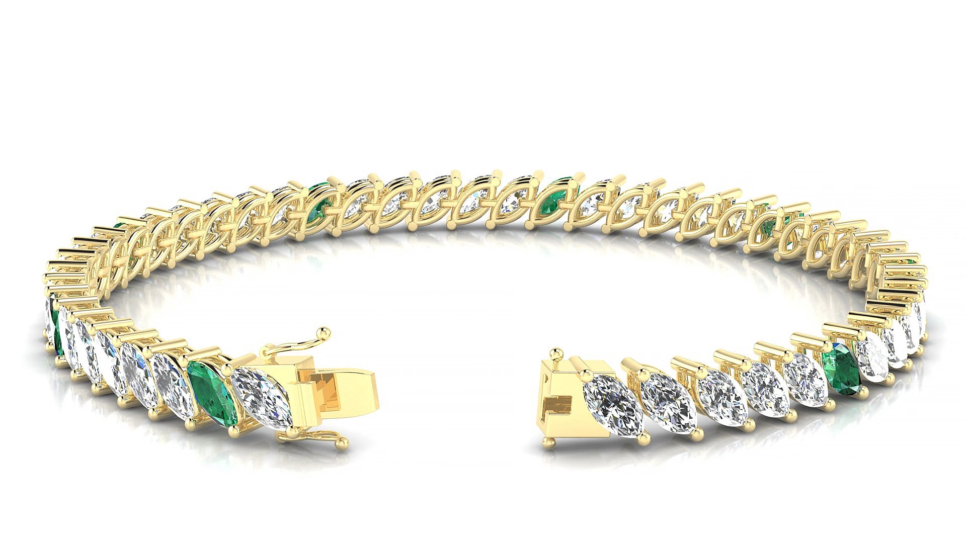 Venezia 1-5 | 18k Yellow Gold 6 x 3 mm Marquise Natural Emerald & Diamond 15 cm Tennis Bracelet