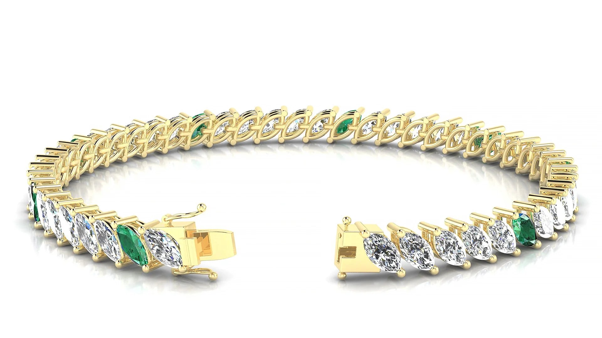 Venezia 1-5 | 18k Yellow Gold 6 x 3 mm Marquise Natural Emerald & Diamond 18 cm Tennis Bracelet