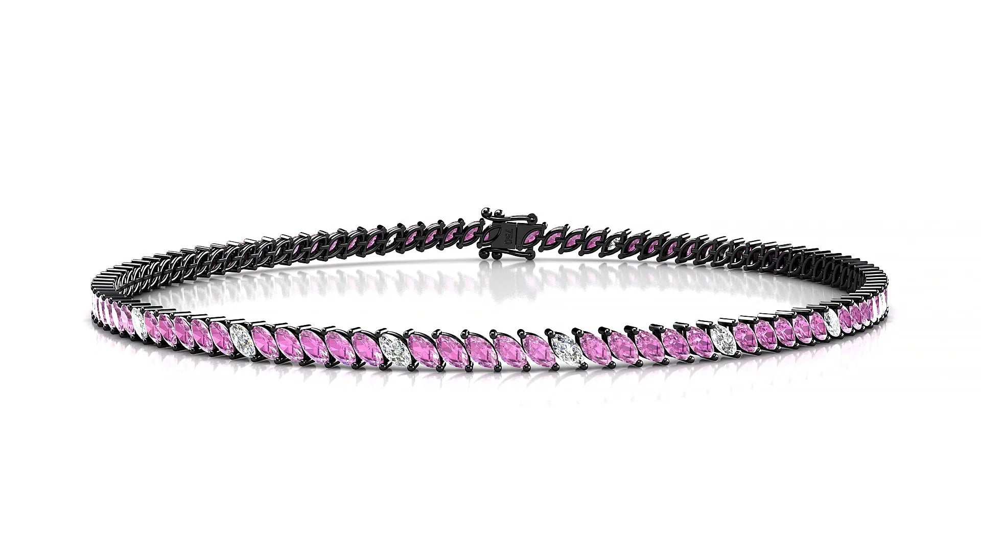 Venezia 5-1 | 18k Black Gold 3 x 1.5 mm Marquise Natural Pink Sapphire & Diamond 18 cm Tennis Bracelet