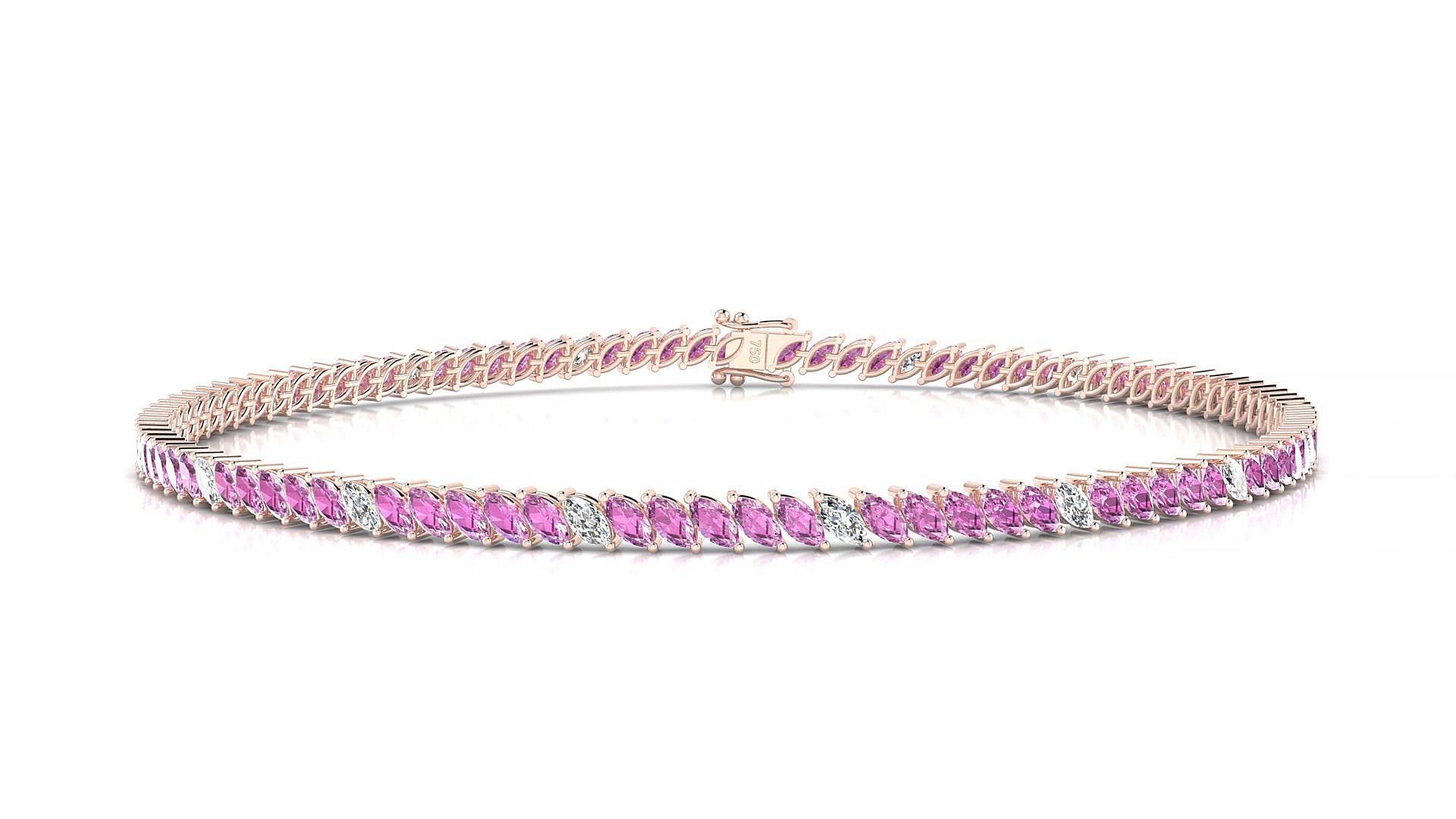 Venezia 5-1 | 18k Rose Gold 3 x 1.5 mm Marquise Natural Pink Sapphire & Diamond 16 cm Tennis Bracelet