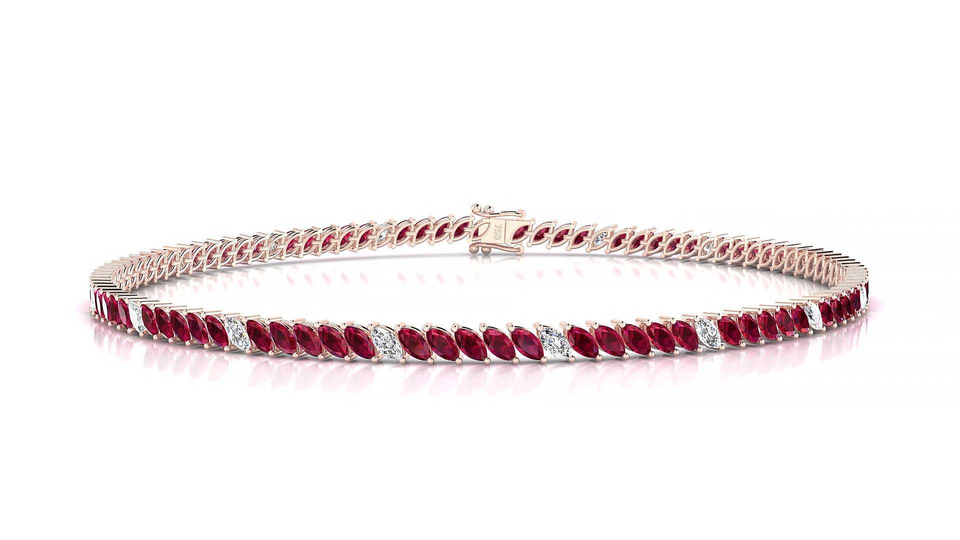 Venezia 5-1 | 18k Rose Gold 3 x 1.5 mm Marquise Natural Ruby & Diamond 15 cm Tennis Bracelet