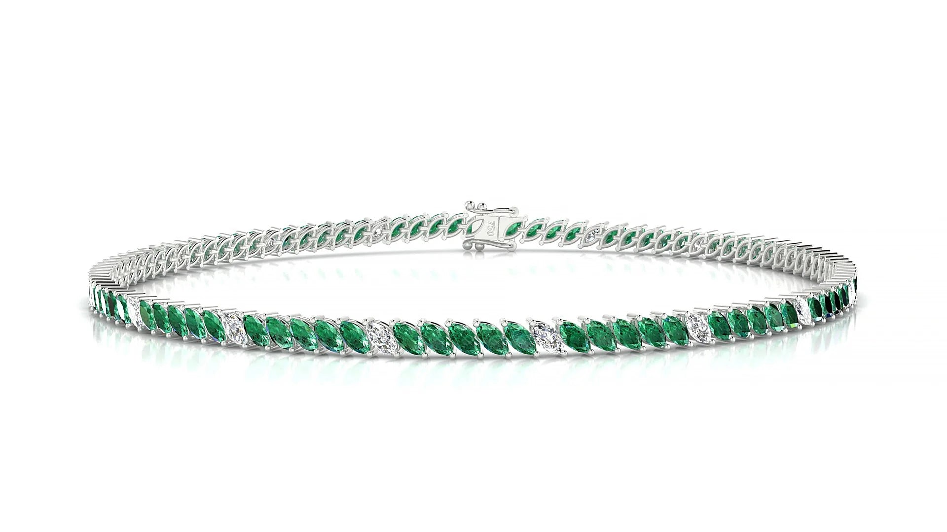 Venezia 5-1 | 18k White Gold 3 x 1.5 mm Marquise Natural Emerald & Diamond 18 cm Tennis Bracelet