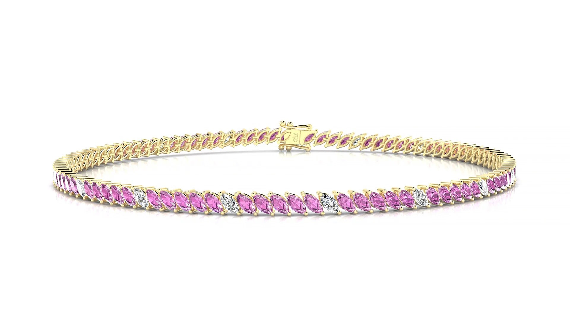 Venezia 5-1 | 18k Yellow Gold 3 x 1.5 mm Marquise Natural Pink Sapphire & Diamond 18 cm Tennis Bracelet
