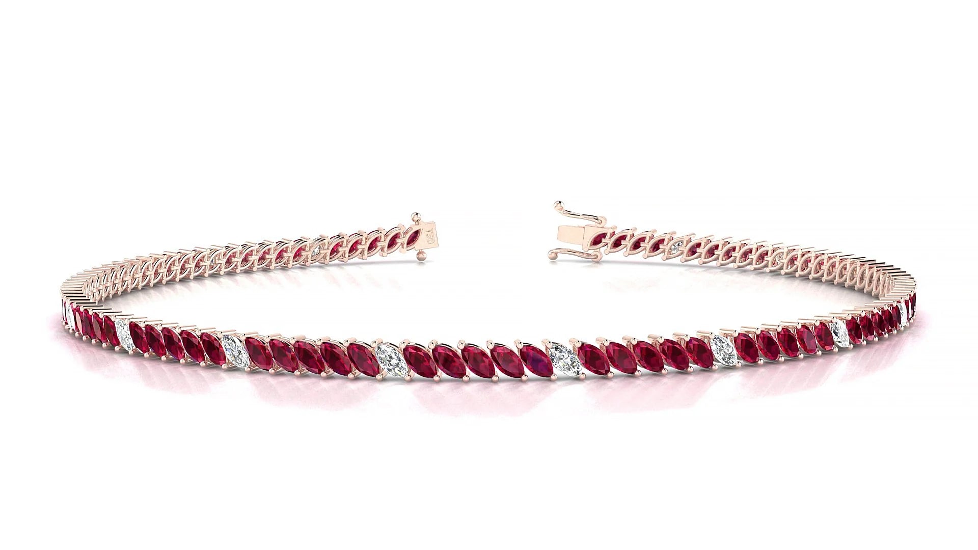 Venezia 5-1 | 18k Rose Gold 3 x 1.5 mm Marquise Natural Ruby & Diamond 18 cm Tennis Bracelet