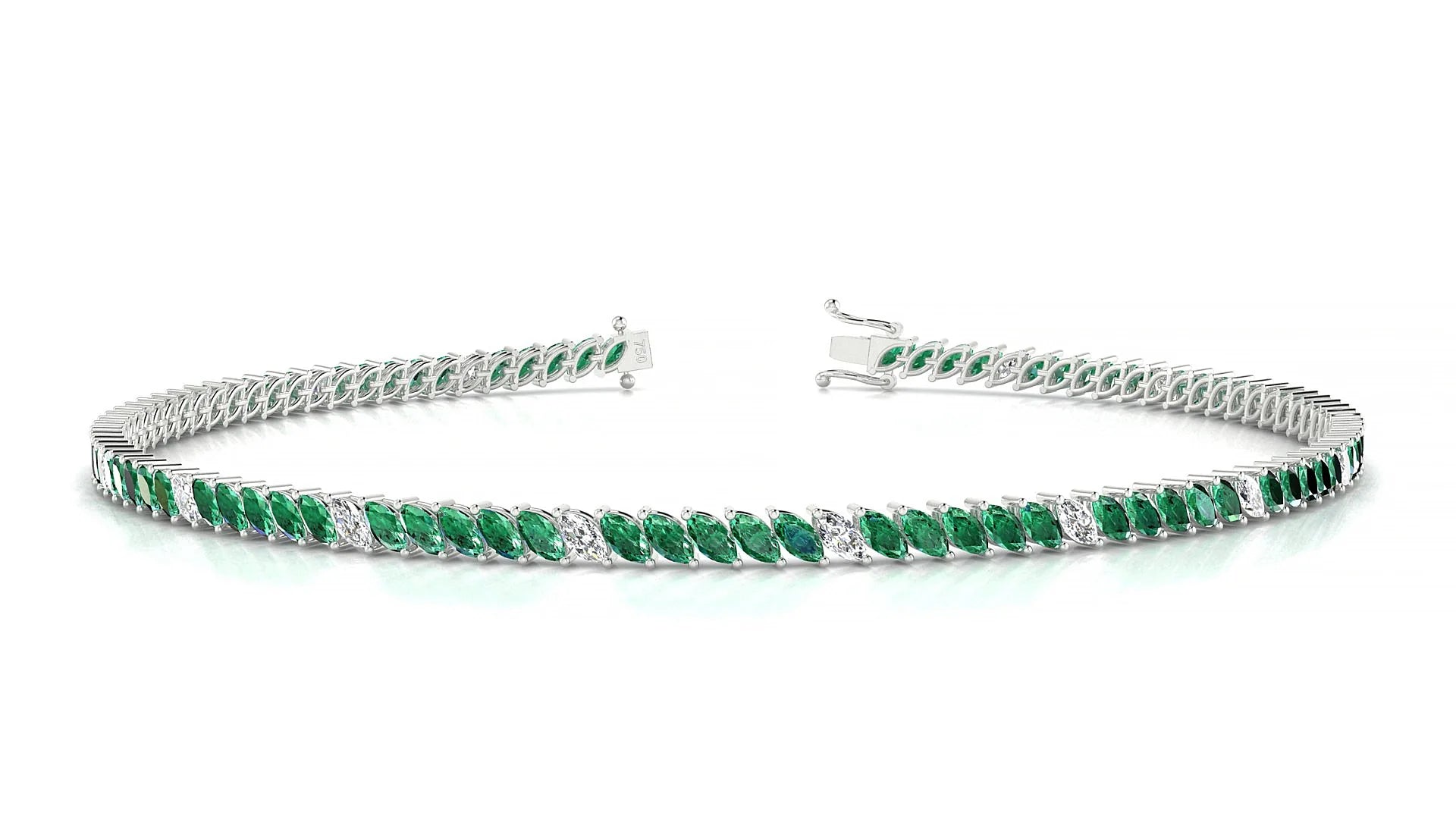 Venezia 5-1 | 18k White Gold 3 x 1.5 mm Marquise Natural Emerald & Diamond 18 cm Tennis Bracelet