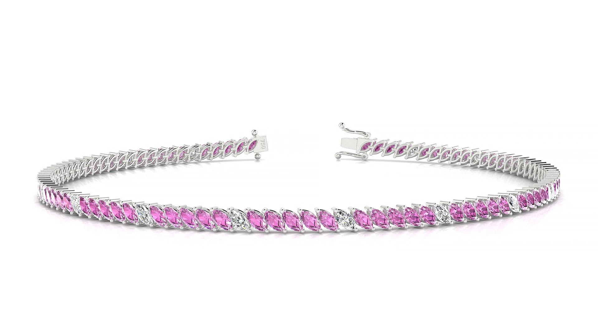 Venezia 5-1 | 18k White Gold 3 x 1.5 mm Marquise Natural Pink Sapphire & Diamond 15 cm Tennis Bracelet