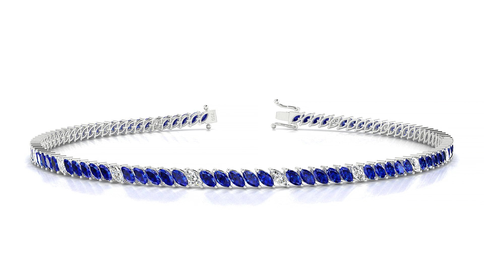 Venezia 5-1 | 18k White Gold 3 x 1.5 mm Marquise Natural Sapphire & Diamond 15 cm Tennis Bracelet
