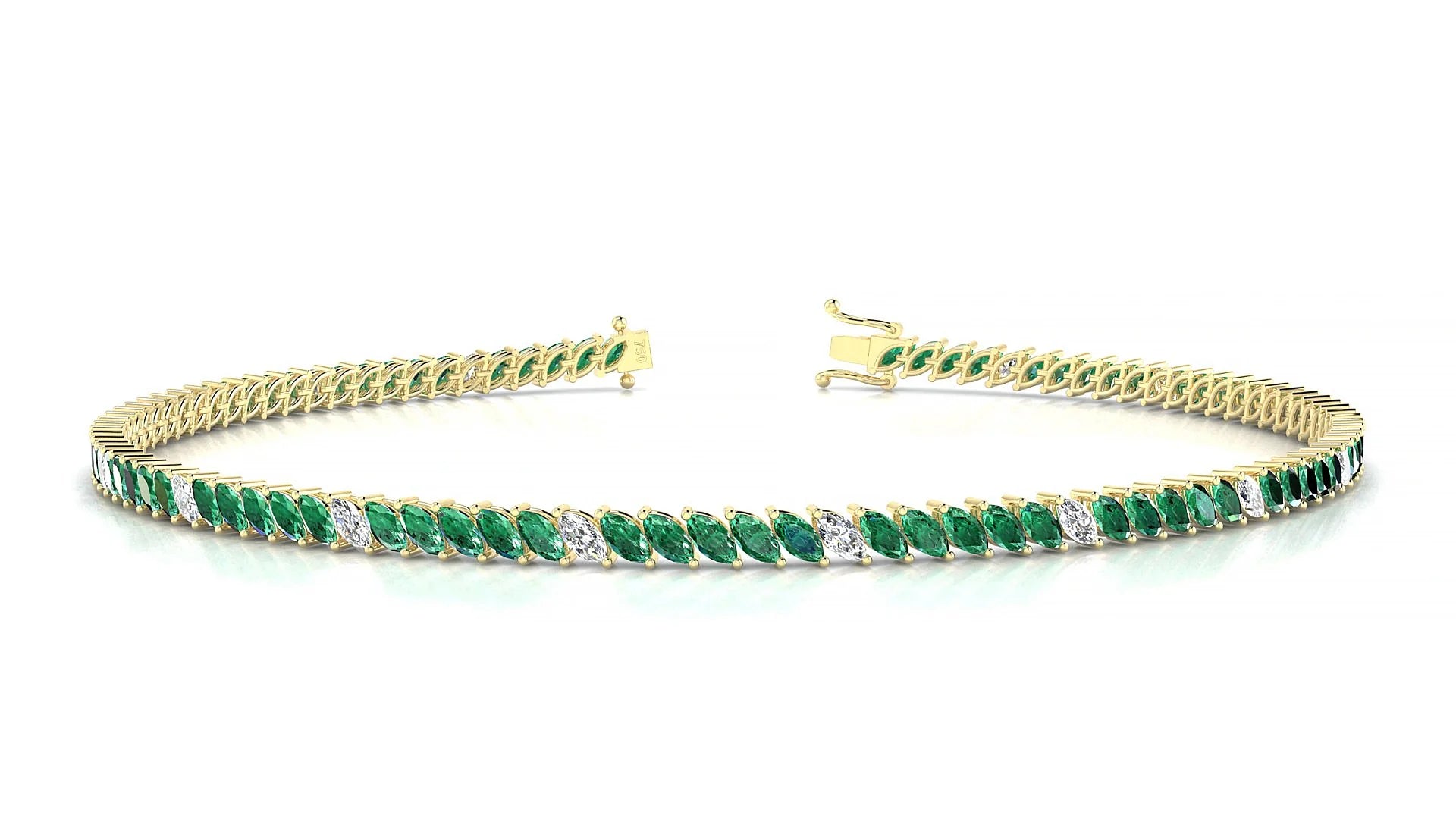 Venezia 5-1 | 18k Yellow Gold 3 x 1.5 mm Marquise Natural Emerald & Diamond 18 cm Tennis Bracelet