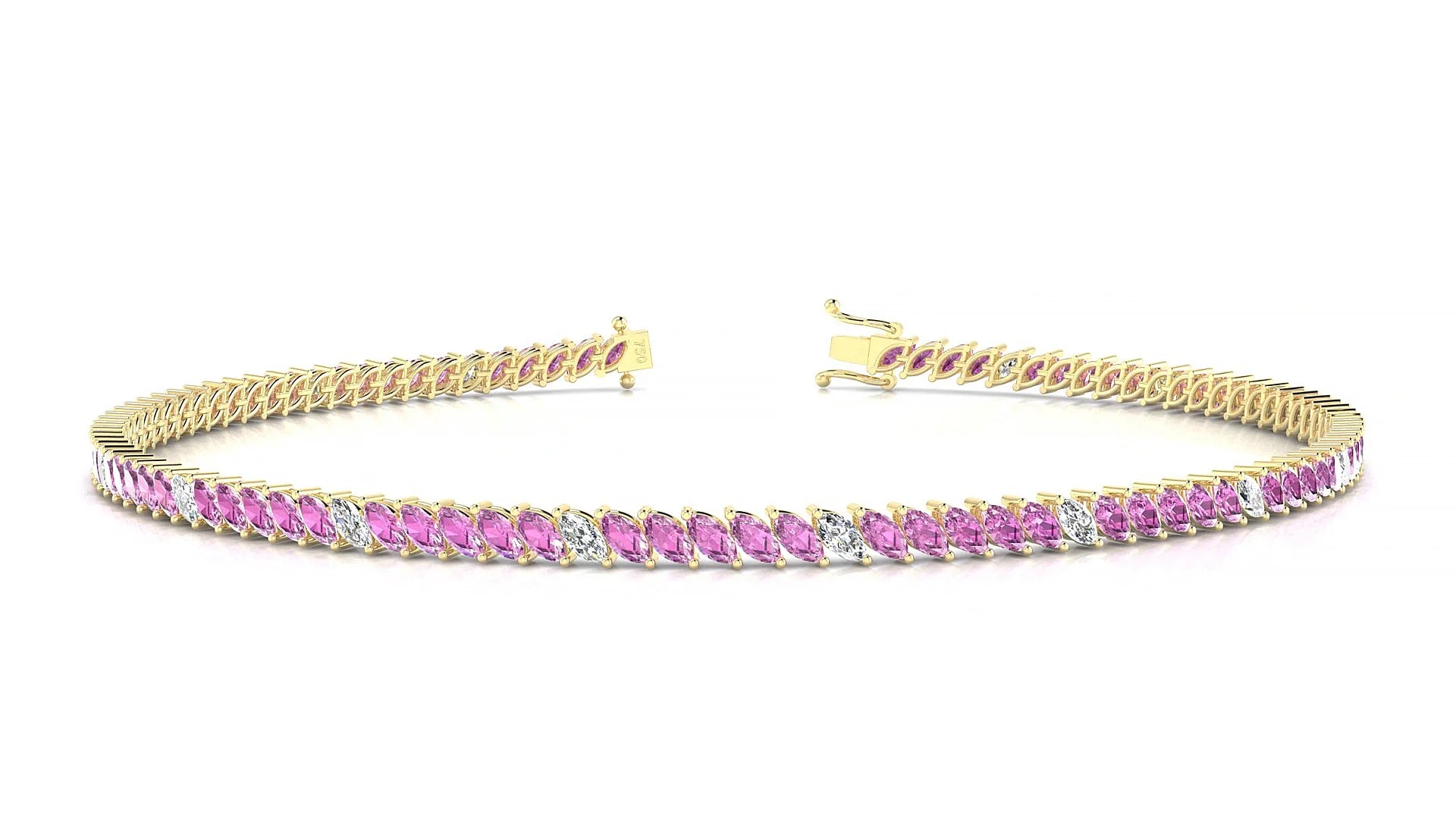 Venezia 5-1 | 18k Yellow Gold 3 x 1.5 mm Marquise Natural Pink Sapphire & Diamond 18 cm Tennis Bracelet