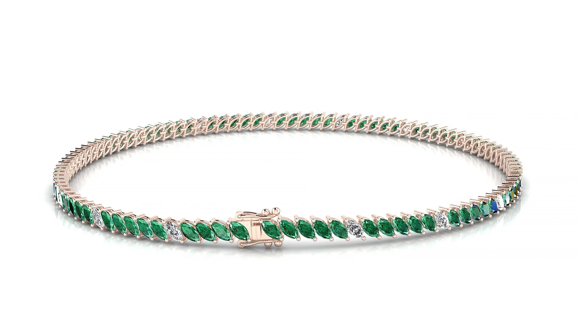 Venezia 5-1 | 18k Rose Gold 3 x 1.5 mm Marquise Natural Emerald & Diamond 18 cm Tennis Bracelet