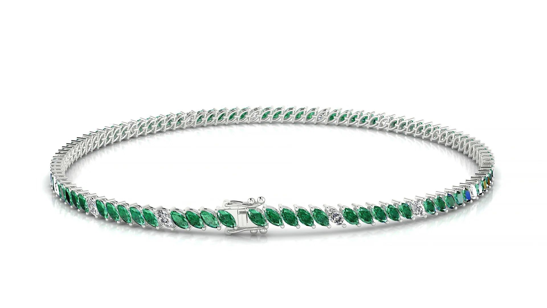 Venezia 5-1 | 18k White Gold 3 x 1.5 mm Marquise Natural Emerald & Diamond 18 cm Tennis Bracelet