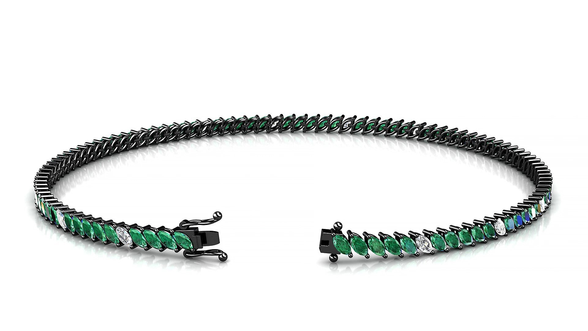 Venezia 5-1 | 18k Black Gold 3 x 1.5 mm Marquise Natural Emerald & Diamond 15 cm Tennis Bracelet
