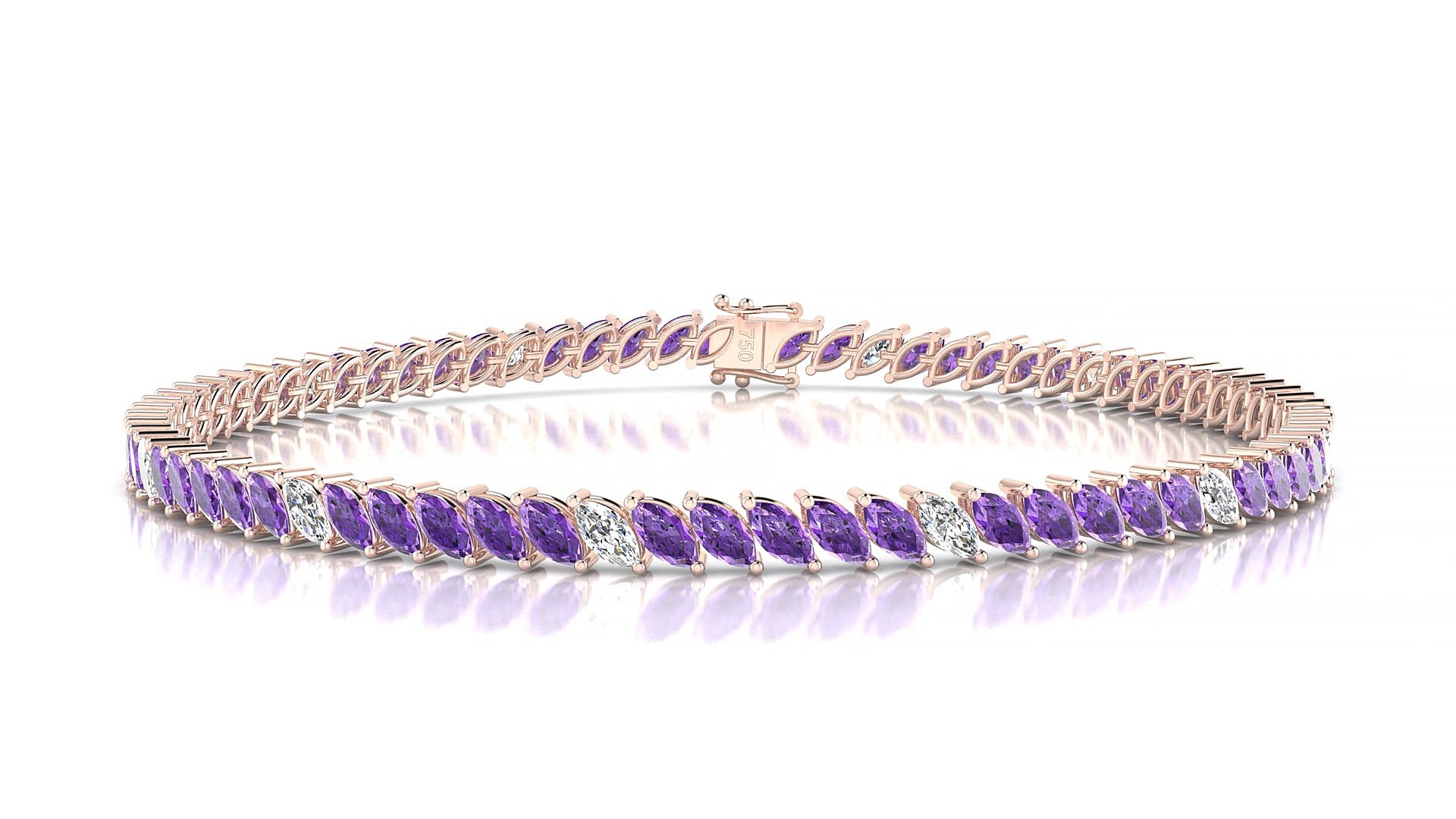 Venezia 5-1 | 18k Rose Gold 4 x 2 mm Marquise Natural Amethyst & Diamond 15 cm Tennis Bracelet
