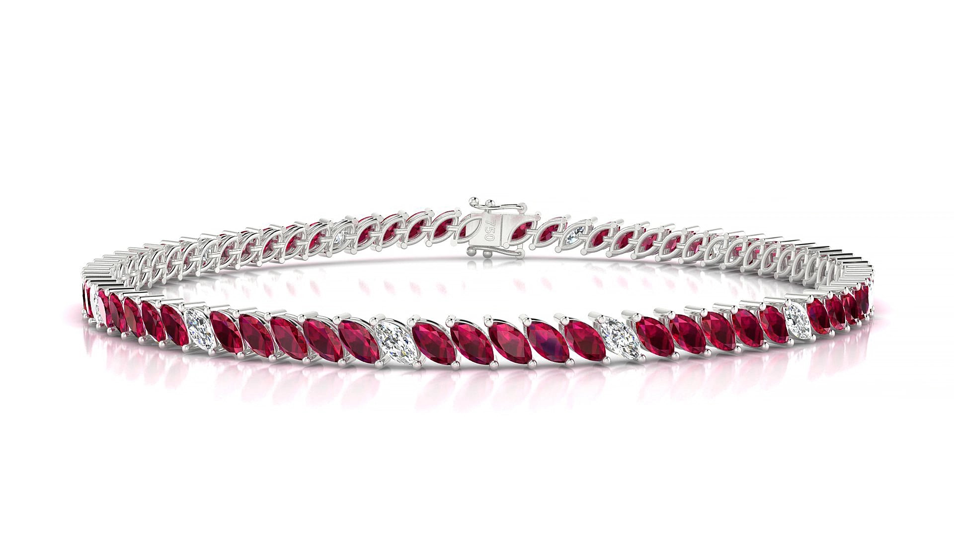 Venezia 5-1 | 18k White Gold 4 x 2 mm Marquise Natural Ruby & Diamond 15 cm Tennis Bracelet
