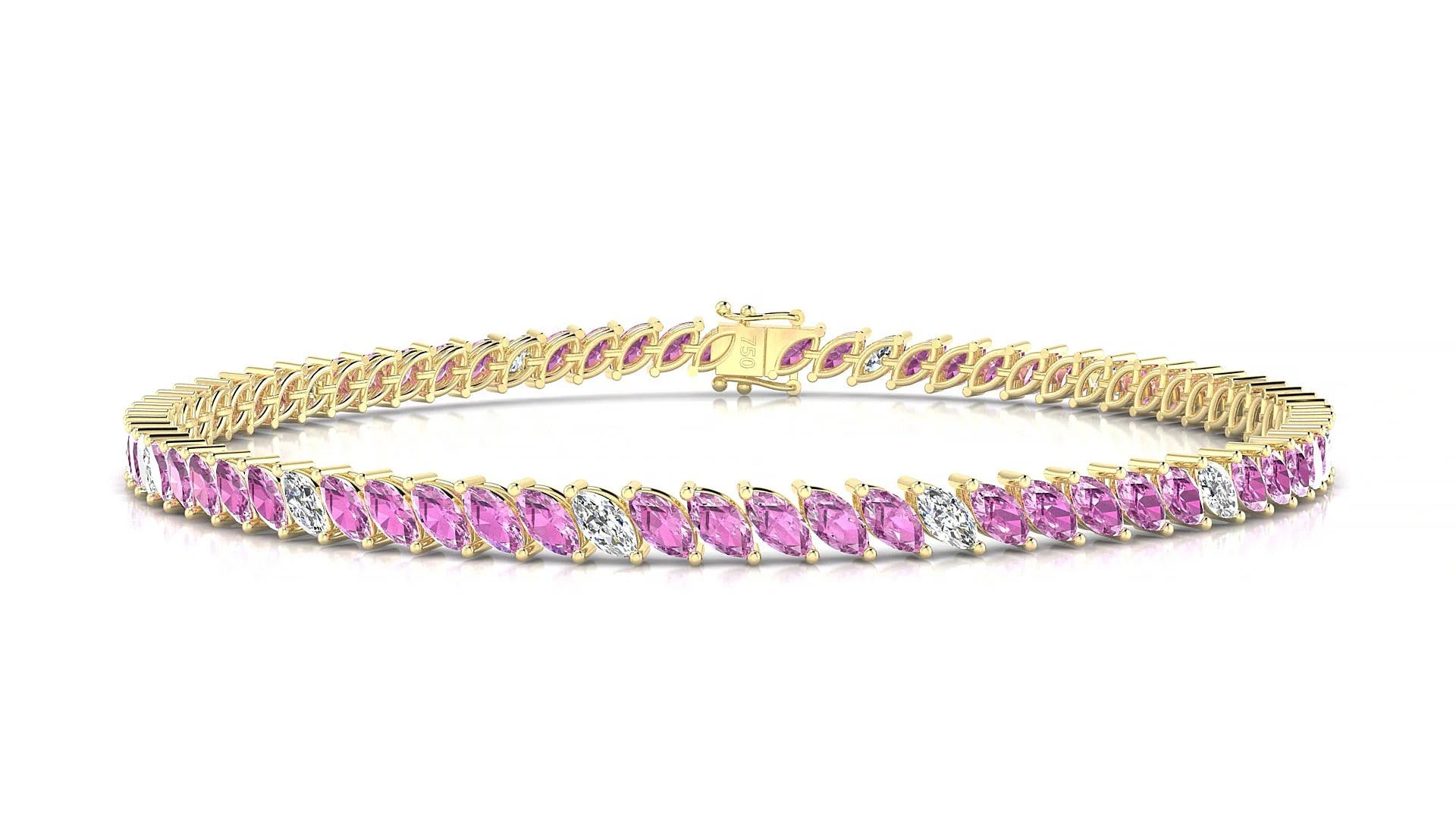 Venezia 5-1 | 18k Yellow Gold 4 x 2 mm Marquise Natural Pink Sapphire & Diamond 18 cm Tennis Bracelet