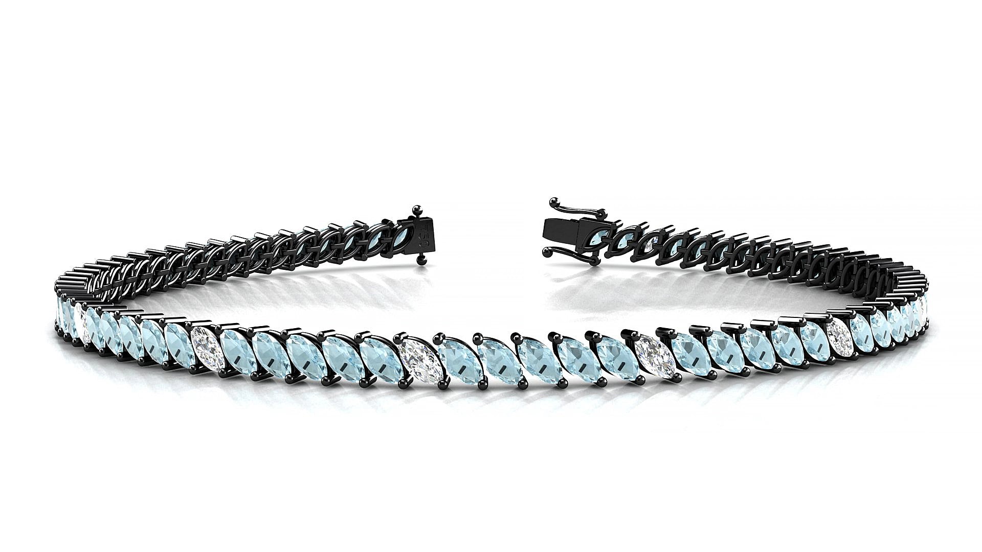 Venezia 5-1 | 18k Black Gold 4 x 2 mm Marquise Natural Aquamarine & Diamond 15 cm Tennis Bracelet