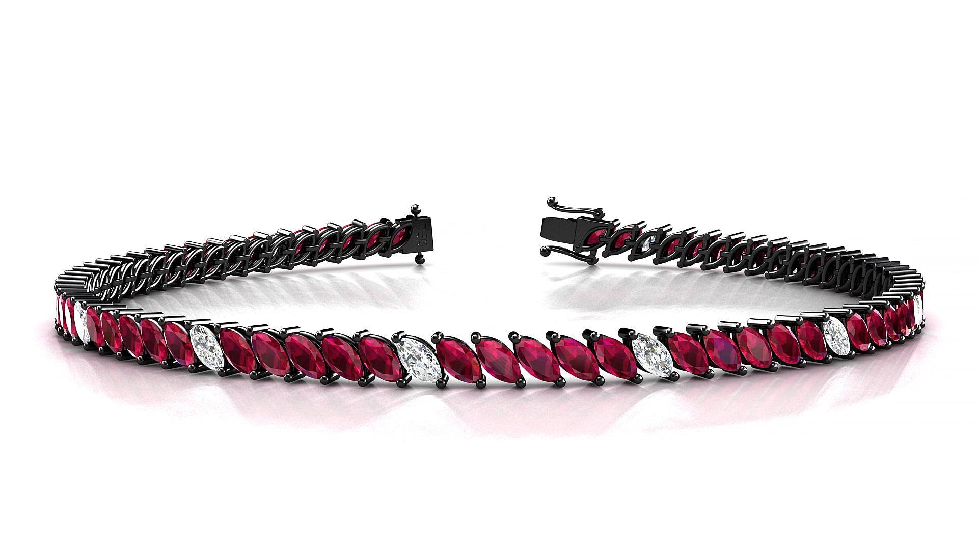 Venezia 5-1 | 18k Black Gold 4 x 2 mm Marquise Natural Ruby & Diamond 15 cm Tennis Bracelet