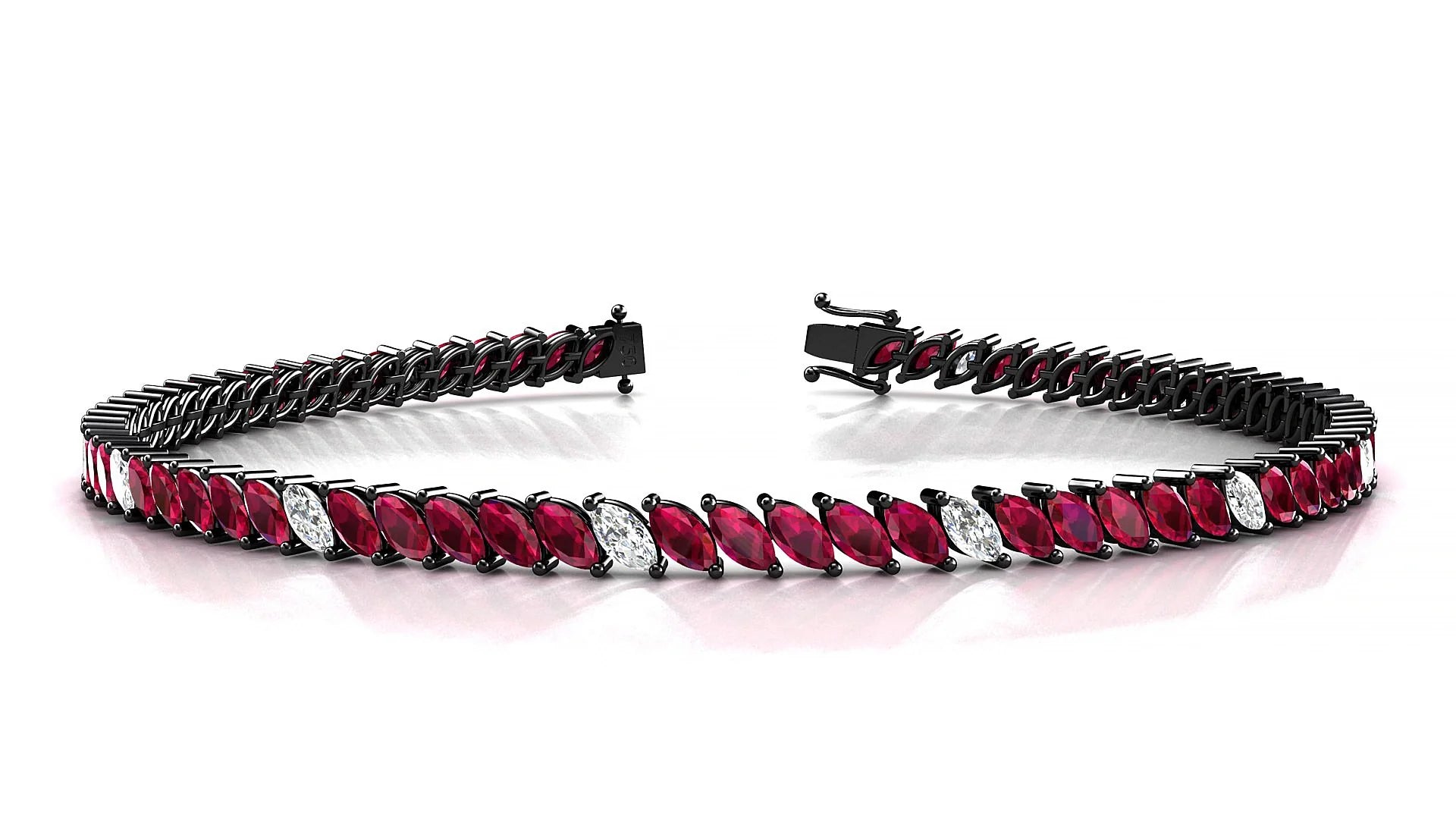 Venezia 5-1 | 18k Black Gold 4 x 2 mm Marquise Natural Ruby & Diamond 18 cm Tennis Bracelet