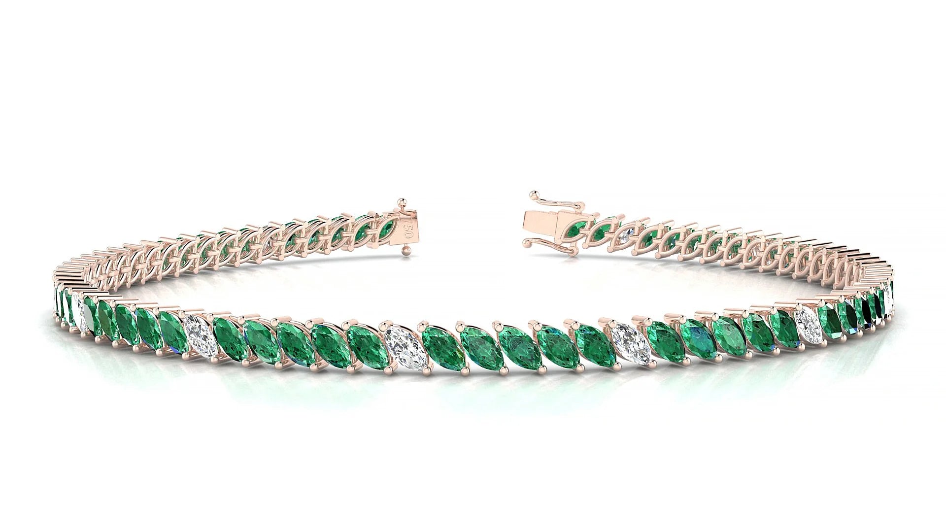 Venezia 5-1 | 18k Rose Gold 4 x 2 mm Marquise Natural Emerald & Diamond 18 cm Tennis Bracelet