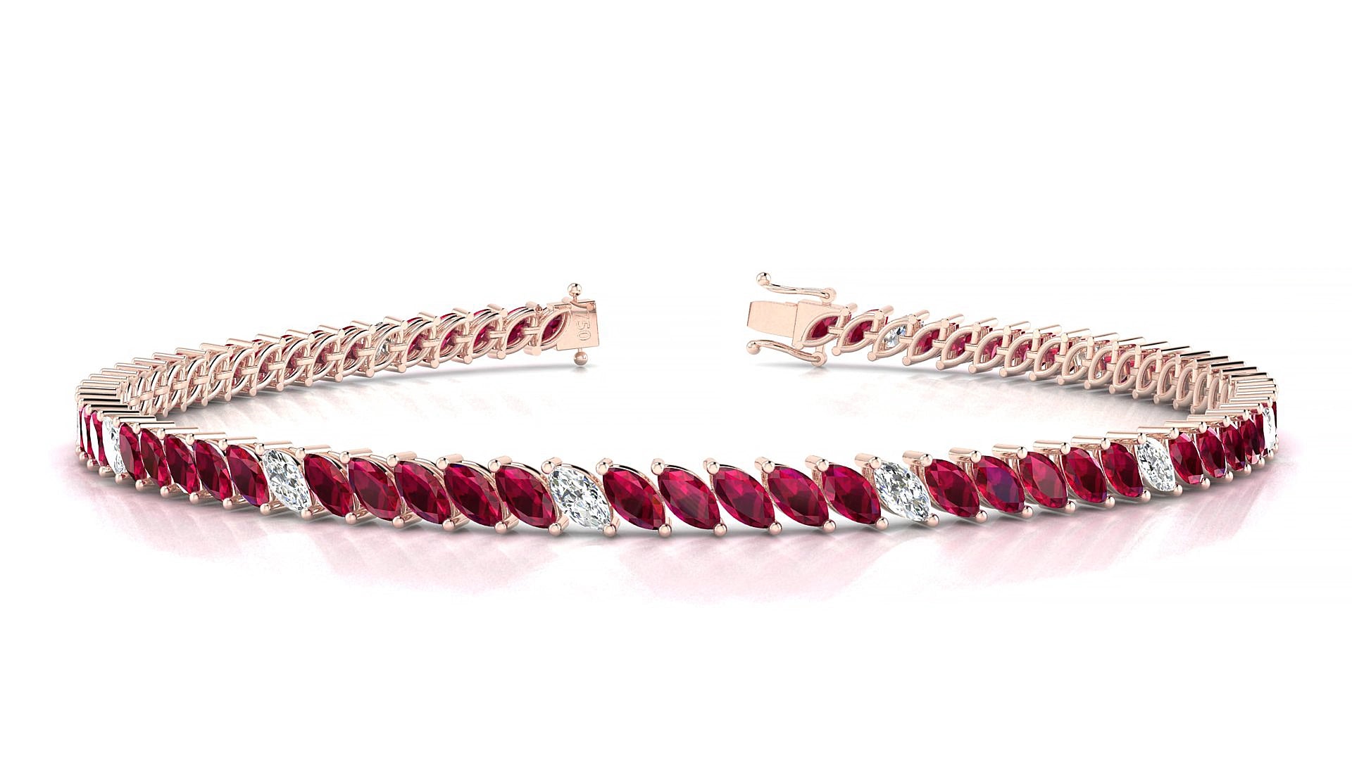 Venezia 5-1 | 18k Rose Gold 4 x 2 mm Marquise Natural Ruby & Diamond 15 cm Tennis Bracelet