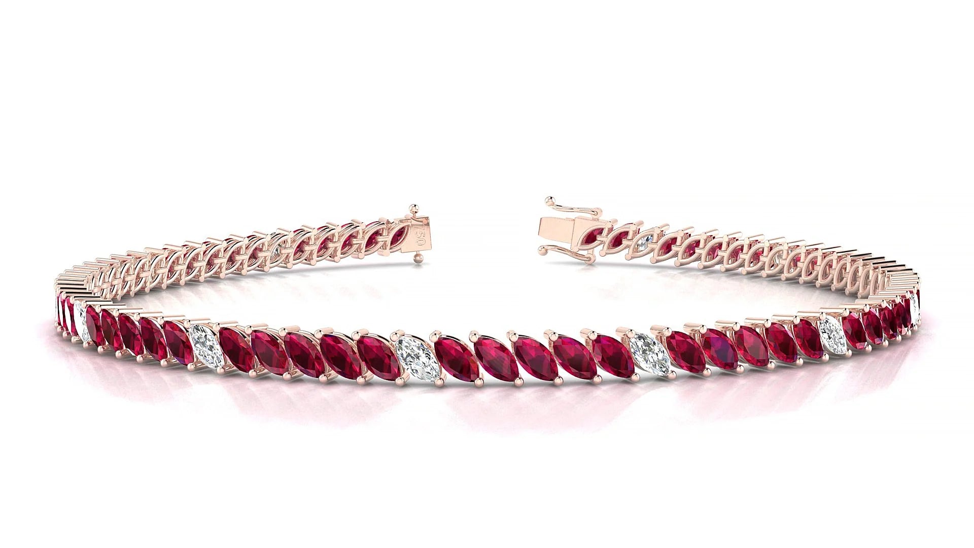 Venezia 5-1 | 18k Rose Gold 4 x 2 mm Marquise Natural Ruby & Diamond 18 cm Tennis Bracelet