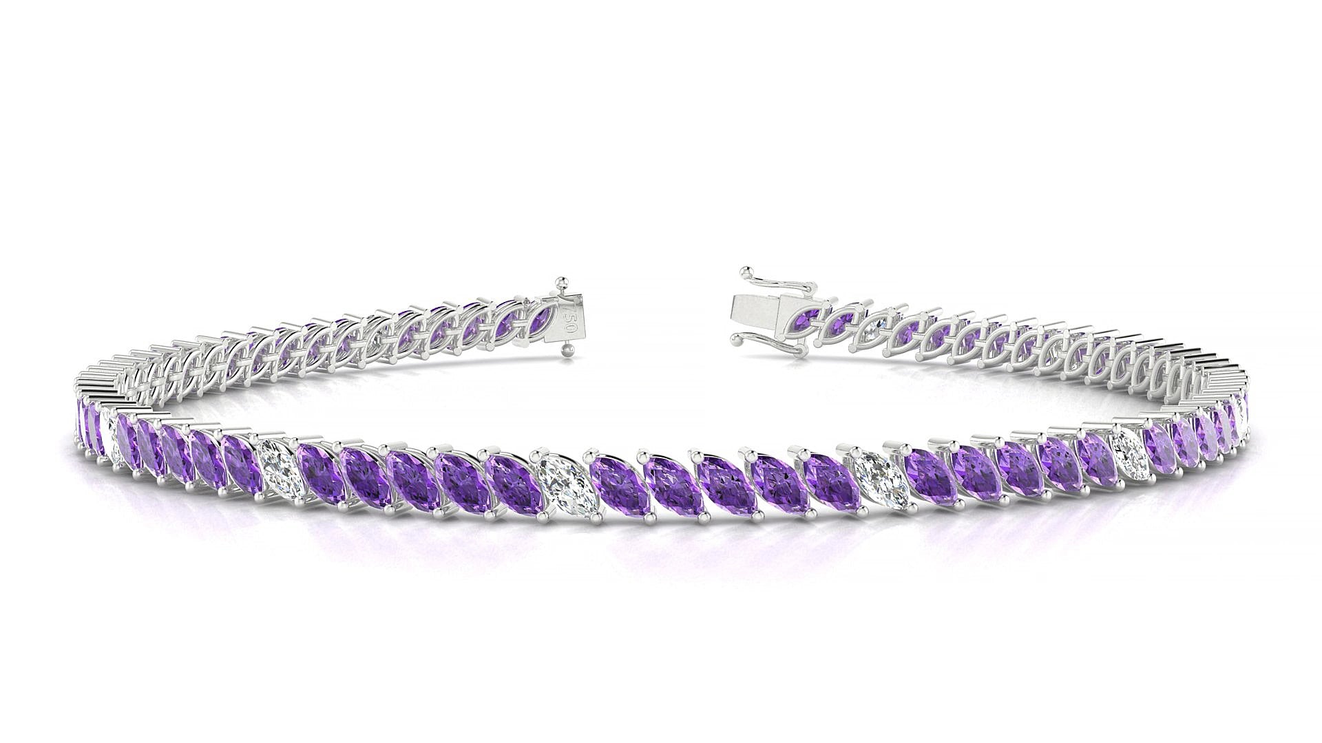 Venezia 5-1 | 18k White Gold 4 x 2 mm Marquise Natural Amethyst & Diamond 15 cm Tennis Bracelet