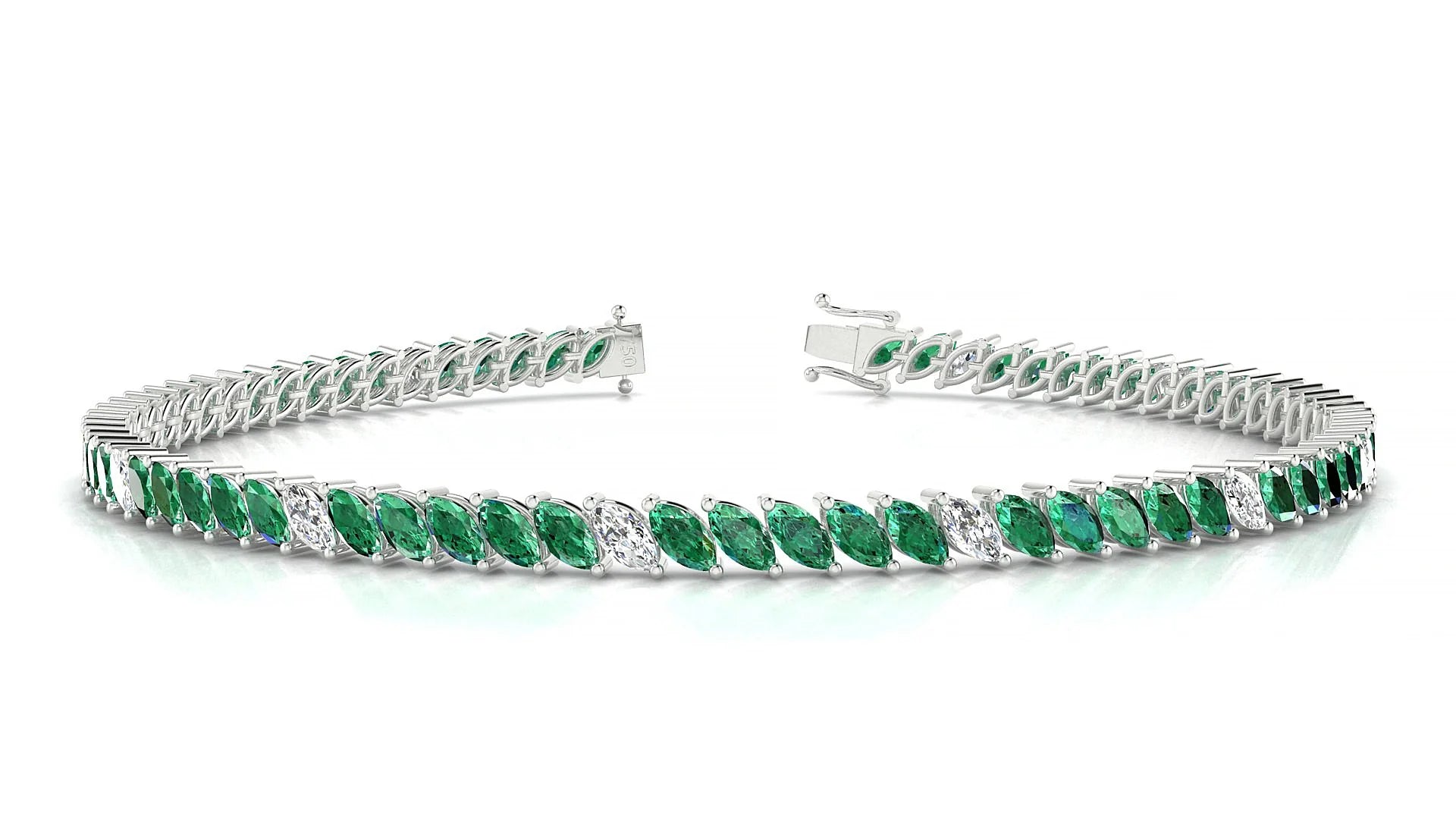 Venezia 5-1 | 18k White Gold 4 x 2 mm Marquise Natural Emerald & Diamond 18 cm Tennis Bracelet