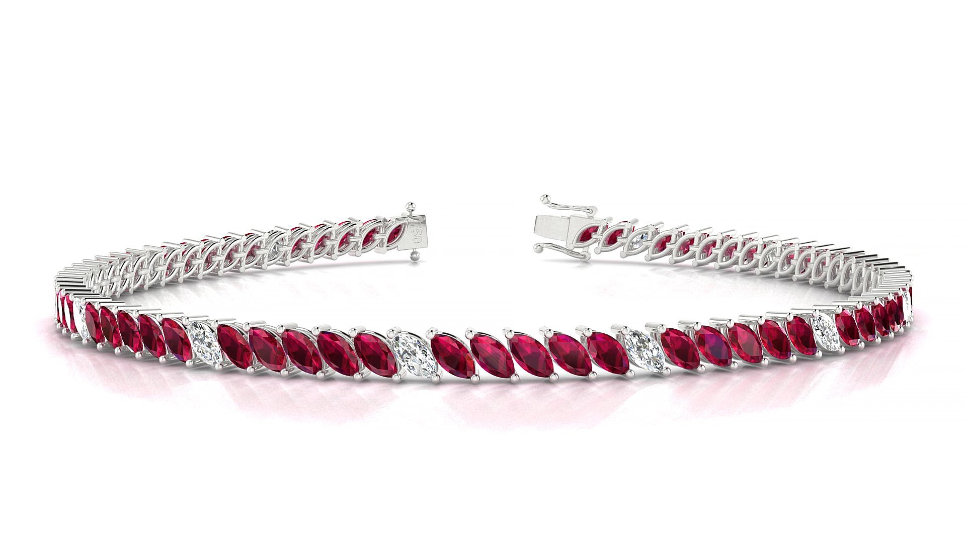 Venezia 5-1 | 18k White Gold 4 x 2 mm Marquise Natural Ruby & Diamond 15 cm Tennis Bracelet