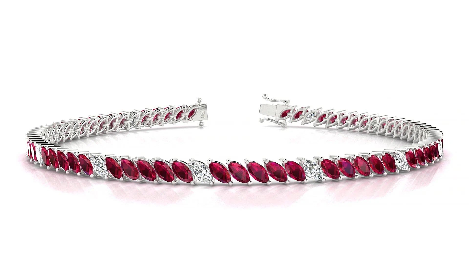 Venezia 5-1 | 18k White Gold 4 x 2 mm Marquise Natural Ruby & Diamond 18 cm Tennis Bracelet