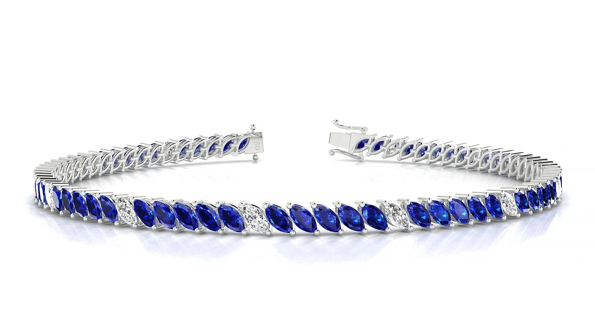 Venezia 5-1 | 18k White Gold 4 x 2 mm Marquise Natural Sapphire & Diamond 18 cm Tennis Bracelet