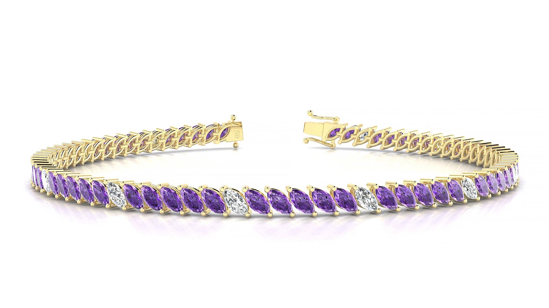Venezia 5-1 | 18k Yellow Gold 4 x 2 mm Marquise Natural Amethyst & Diamond 15 cm Tennis Bracelet