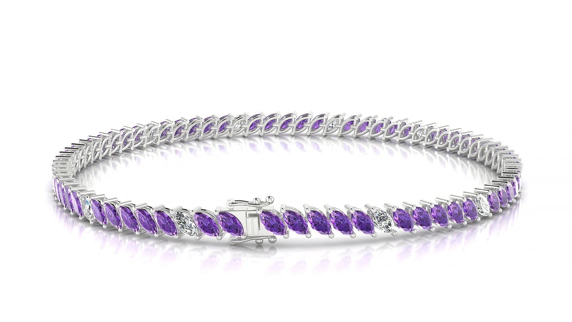 Venezia 5-1 | 18k White Gold 4 x 2 mm Marquise Natural Amethyst & Diamond 15 cm Tennis Bracelet