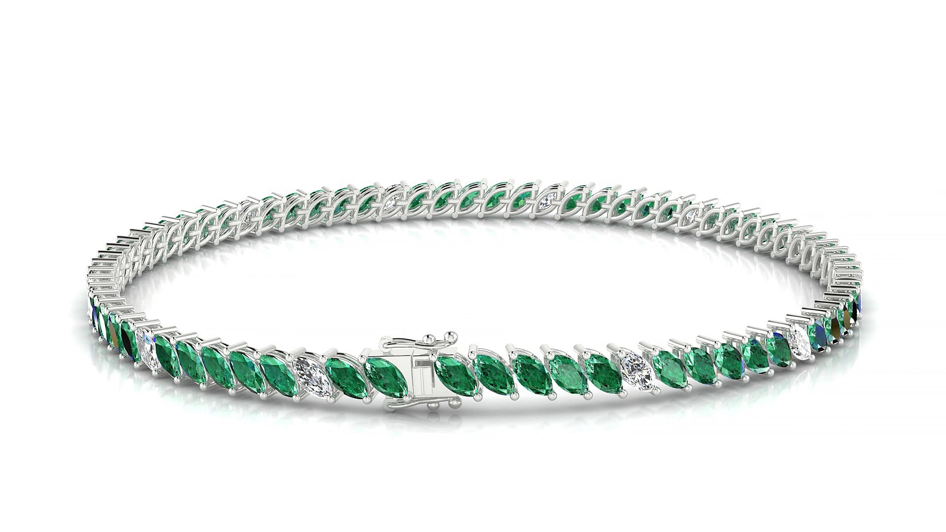 Venezia 5-1 | 18k White Gold 4 x 2 mm Marquise Natural Emerald & Diamond 15 cm Tennis Bracelet