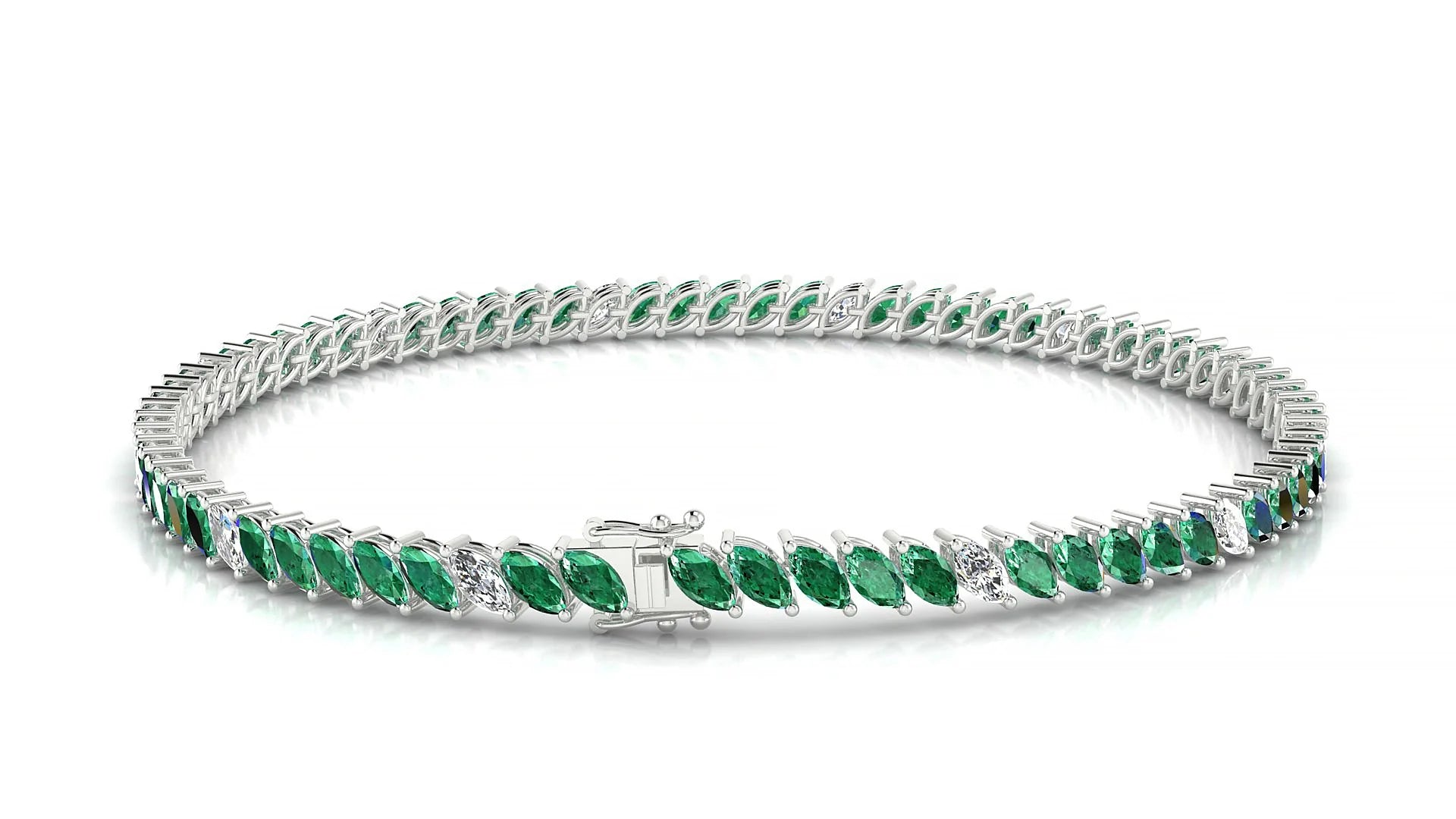 Venezia 5-1 | 18k White Gold 4 x 2 mm Marquise Natural Emerald & Diamond 18 cm Tennis Bracelet