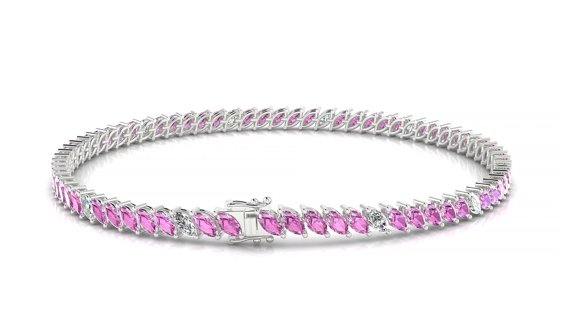 Venezia 5-1 | 18k White Gold 4 x 2 mm Marquise Natural Pink Sapphire & Diamond 15 cm Tennis Bracelet