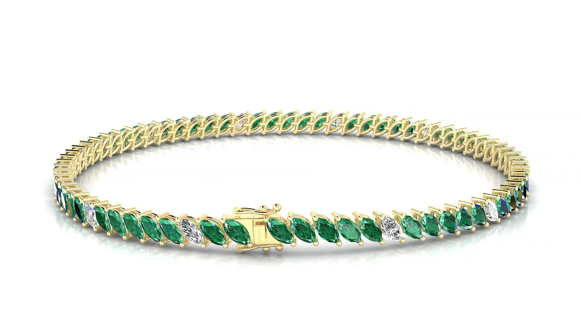 Venezia 5-1 | 18k Yellow Gold 4 x 2 mm Marquise Natural Emerald & Diamond 18 cm Tennis Bracelet
