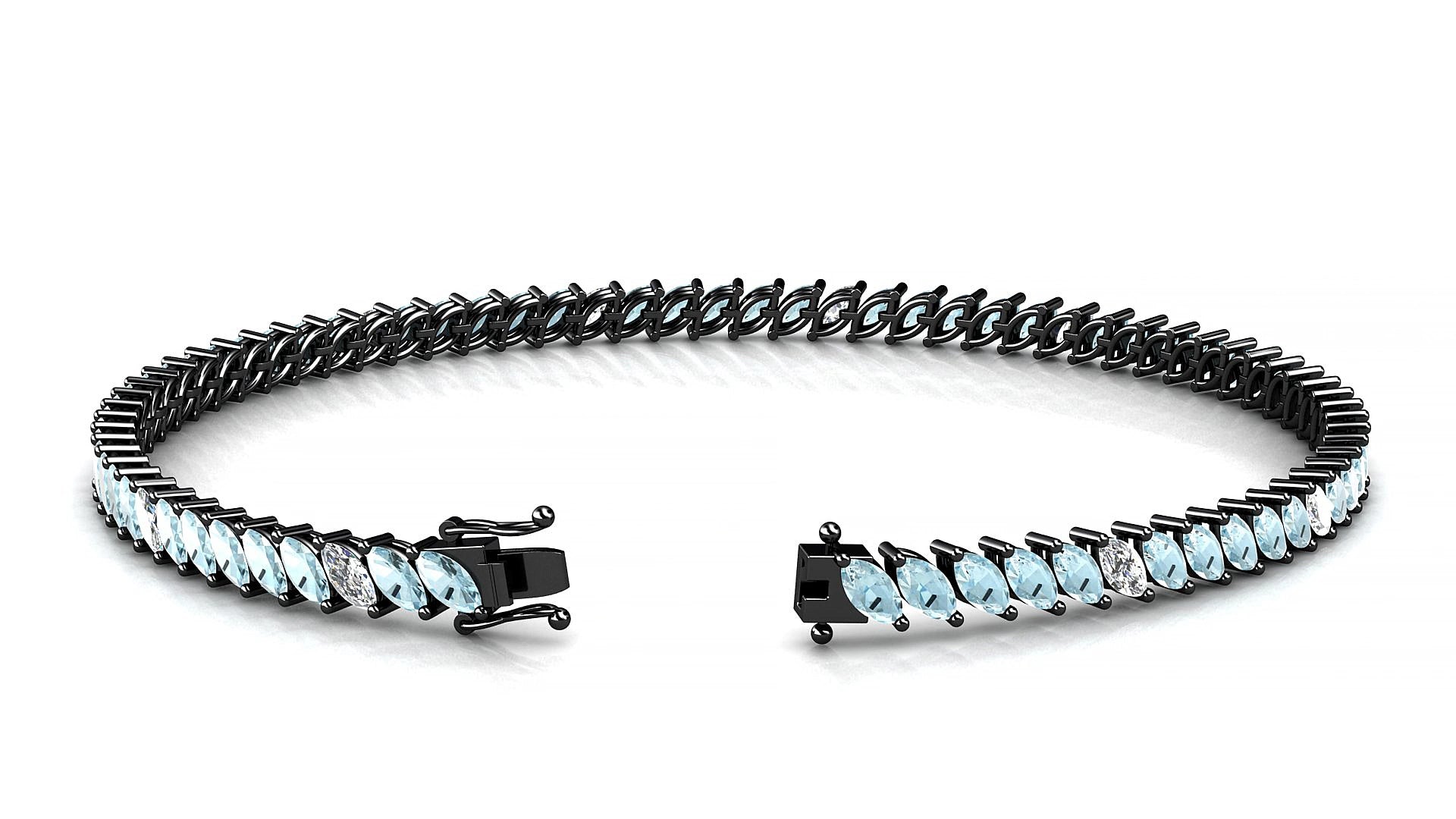 Venezia 5-1 | 18k Black Gold 4 x 2 mm Marquise Natural Aquamarine & Diamond 15 cm Tennis Bracelet