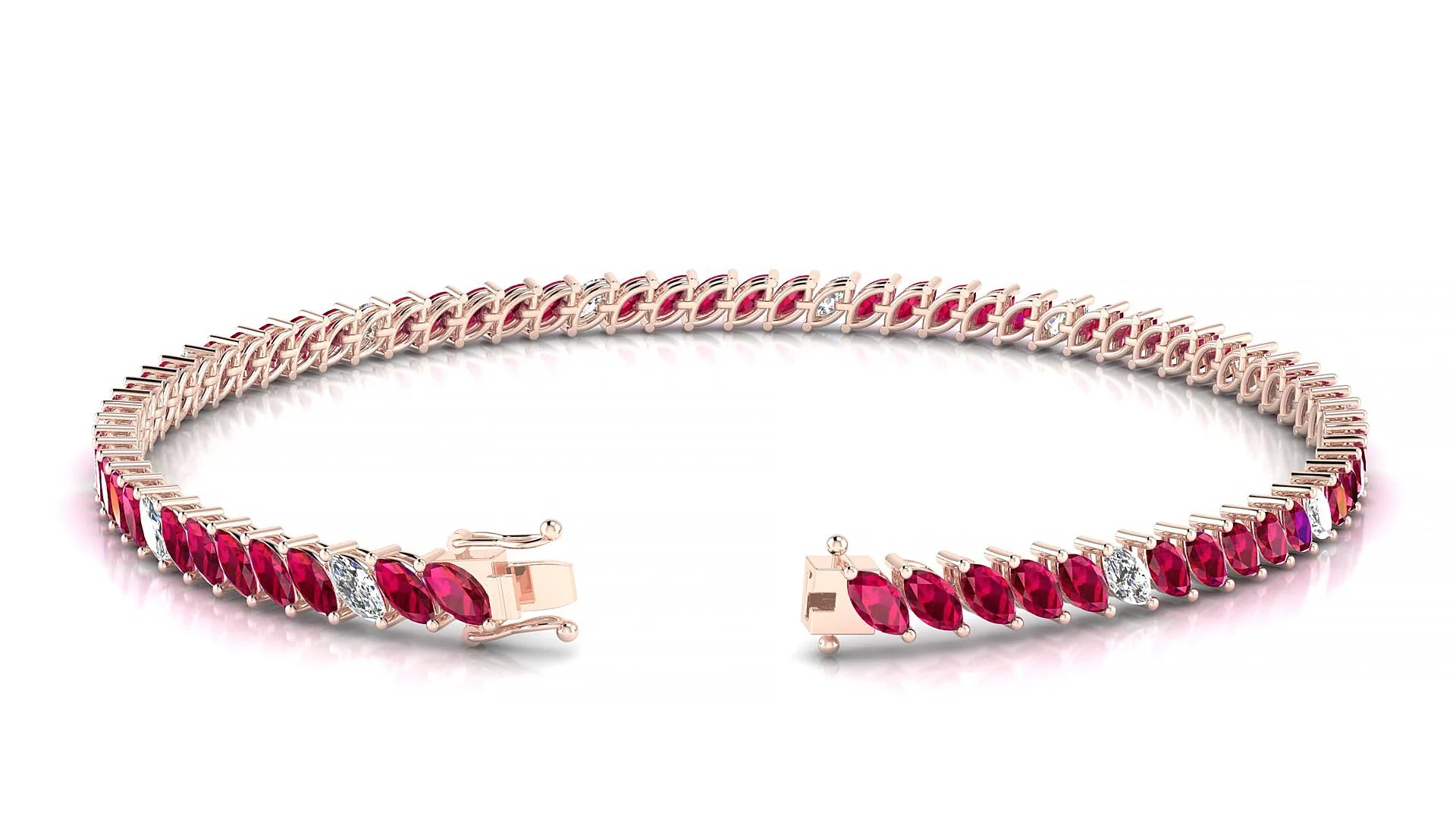 Venezia 5-1 | 18k Rose Gold 4 x 2 mm Marquise Natural Ruby & Diamond 18 cm Tennis Bracelet