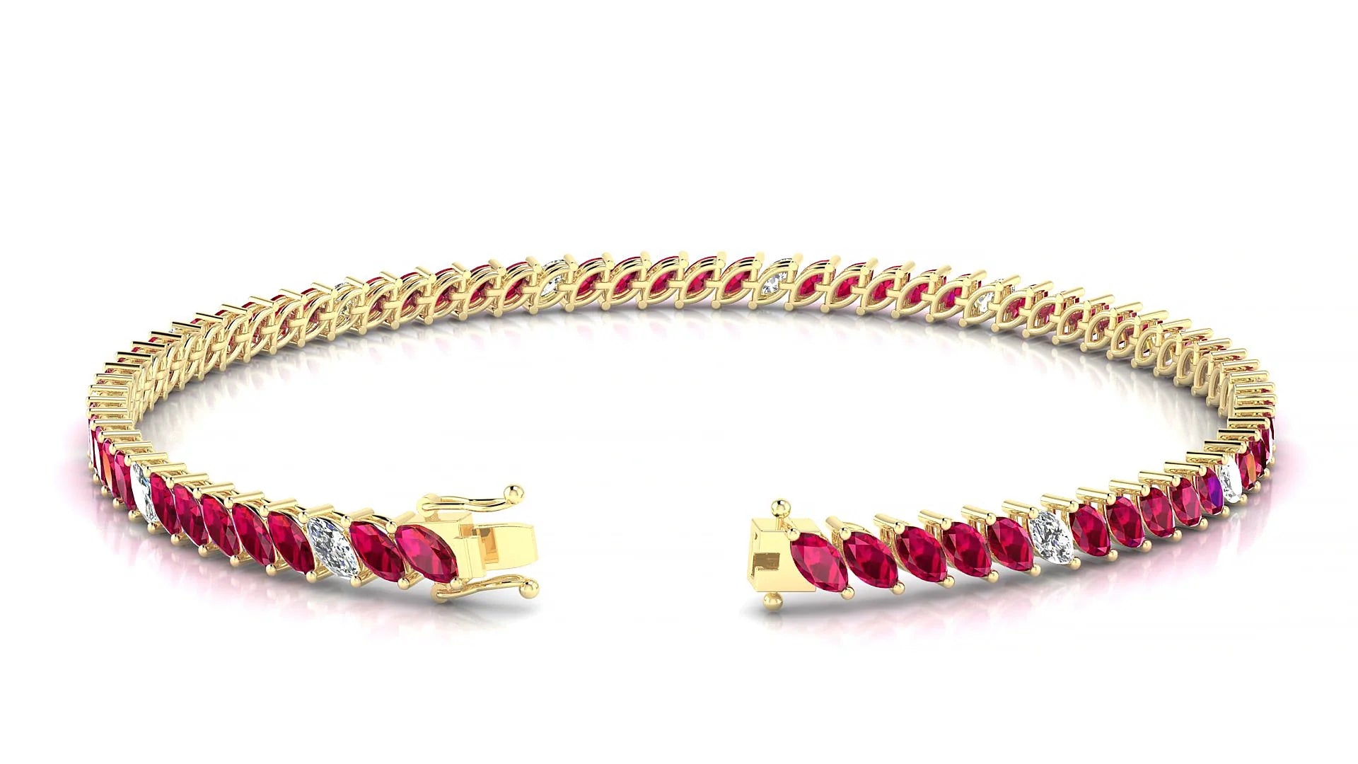 Venezia 5-1 | 18k Yellow Gold 4 x 2 mm Marquise Natural Ruby & Diamond 18 cm Tennis Bracelet