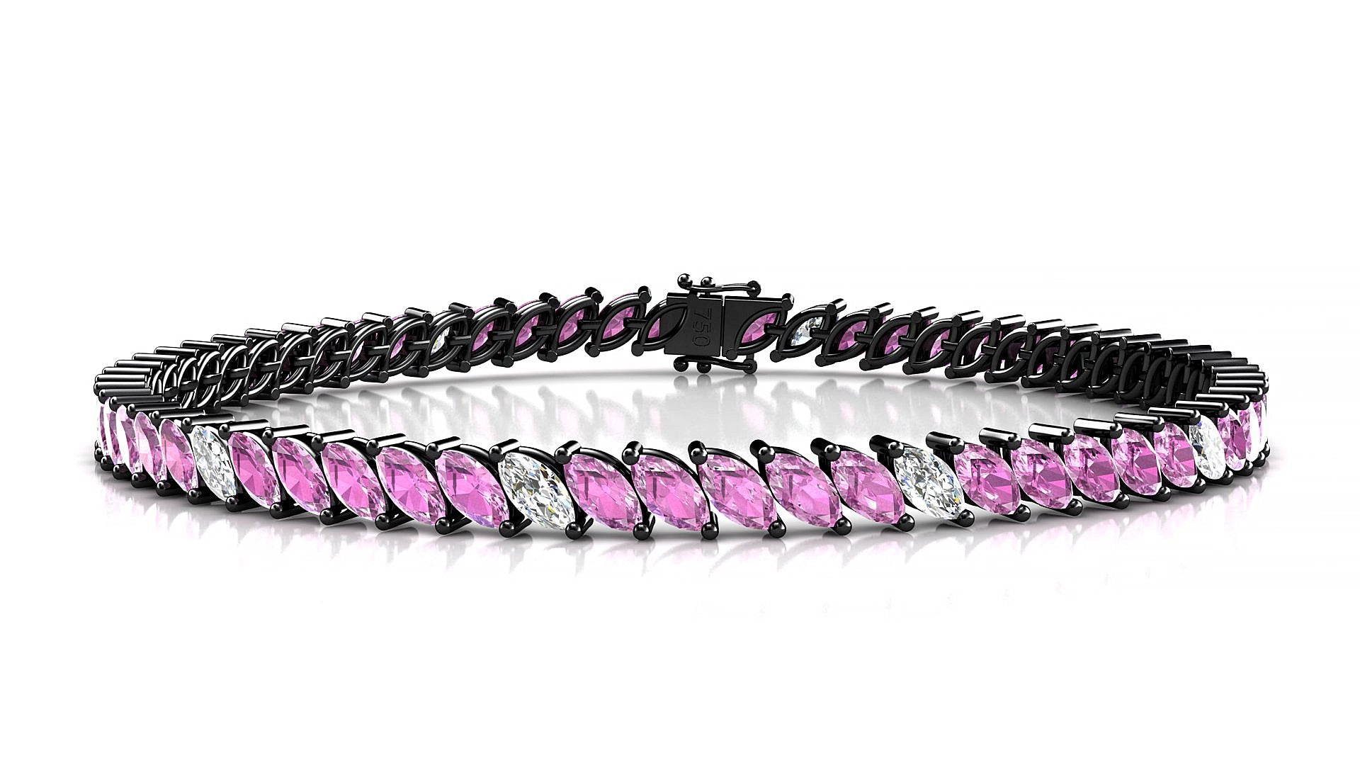 Venezia 5-1 | 18k Black Gold 5 x 2.5 mm Marquise Natural Pink Sapphire & Diamond 15 cm Tennis Bracelet