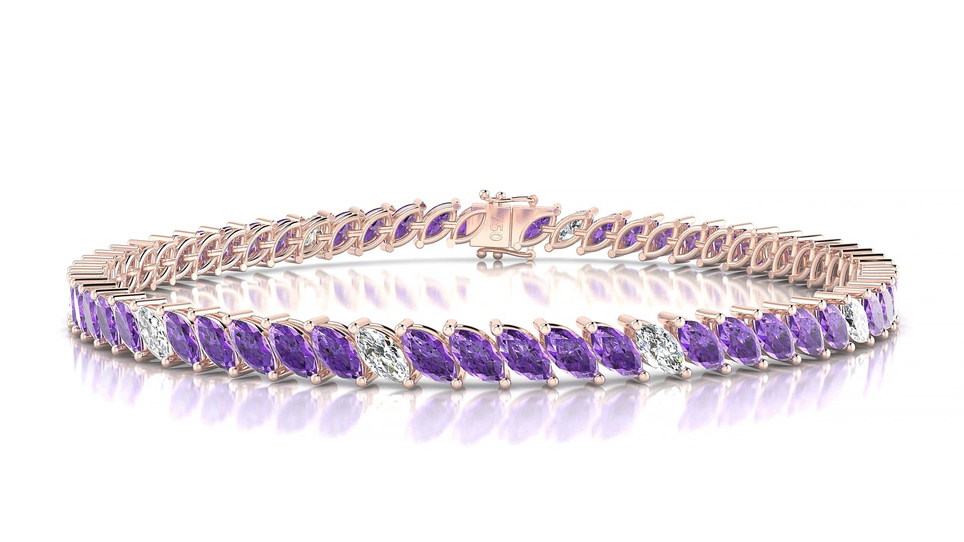 Venezia 5-1 | 18k Rose Gold 5 x 2.5 mm Marquise Natural Amethyst & Diamond 15 cm Tennis Bracelet