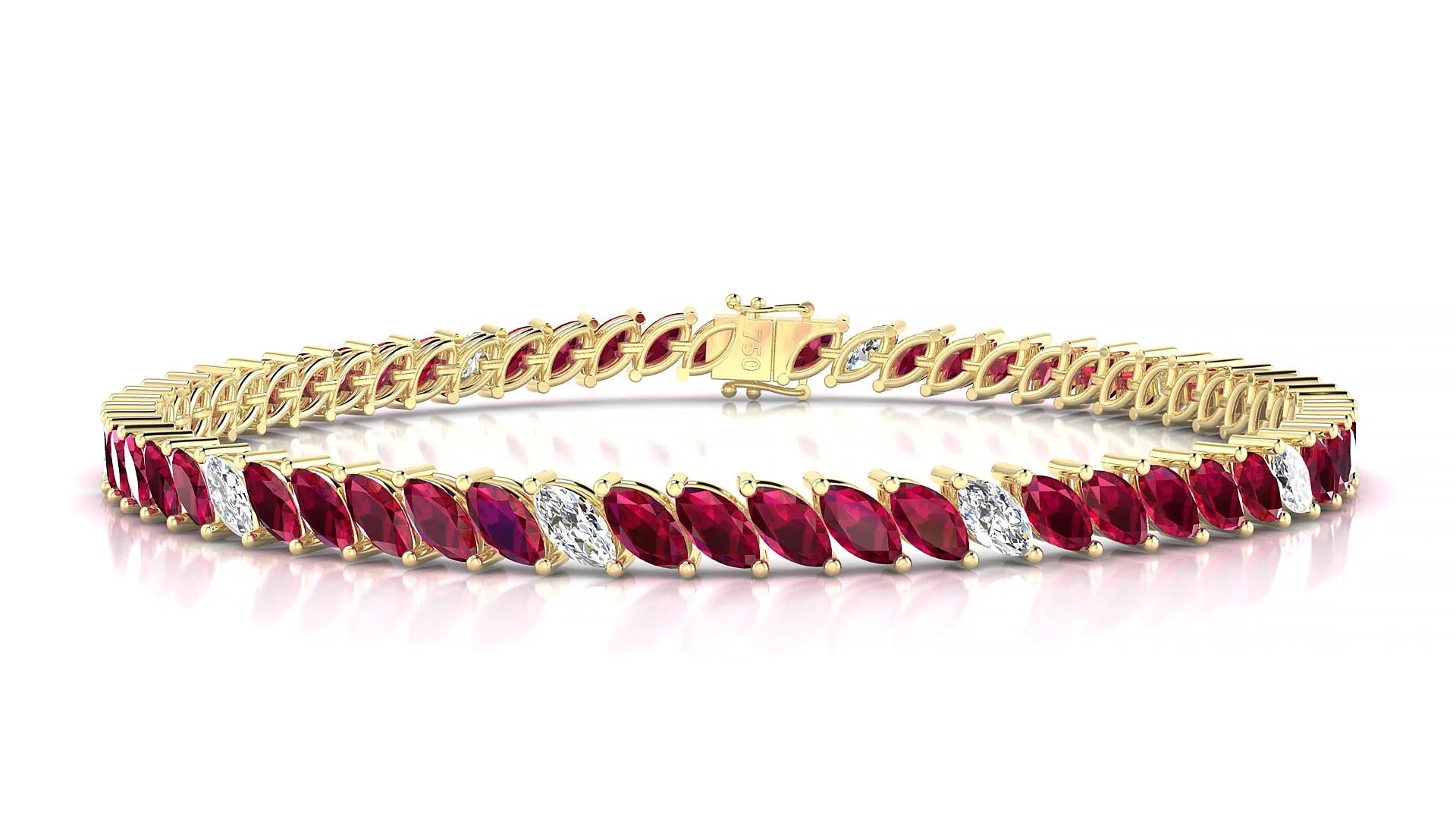 Venezia 5-1 | 18k Yellow Gold 5 x 2.5 mm Marquise Natural Ruby & Diamond 18 cm Tennis Bracelet